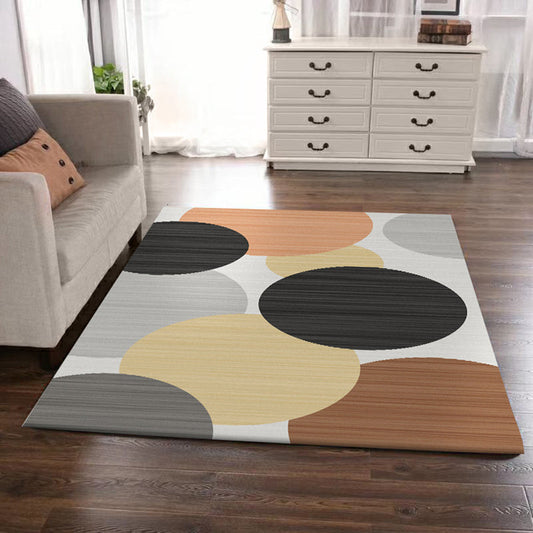 Rynx | Modern Living Room Rug in Ivory Color Block Circle Pinstripe Print Rug Polyester Machine Washable Area Rug