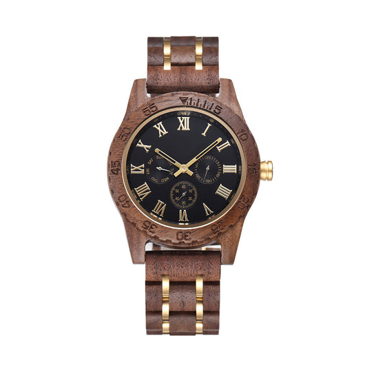 Rynx | Retro Walnut Gold Multifunctional Men's Quartz Watch