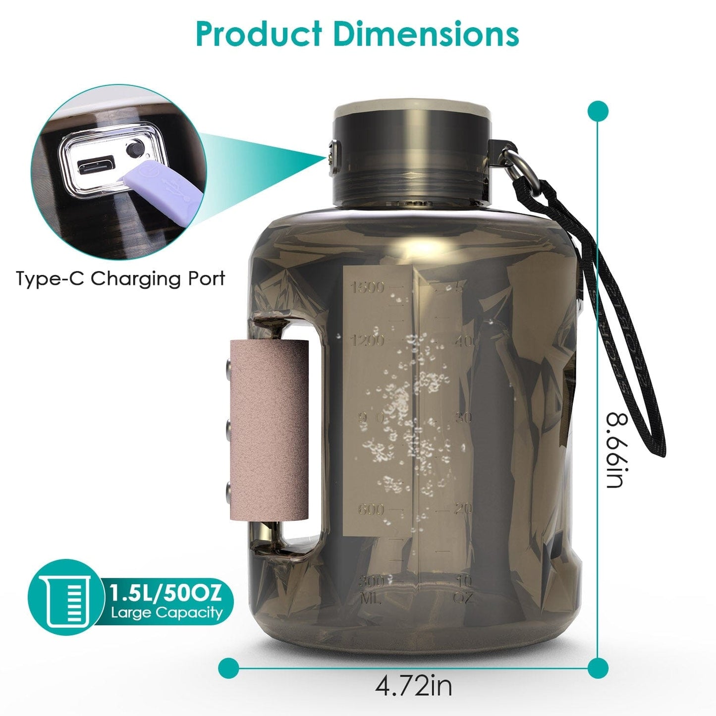 Rynx | 1.5L Large Capacity Portable Rechargeable Hydrogen Water Bottle 6 Min. Quick Electrolysis