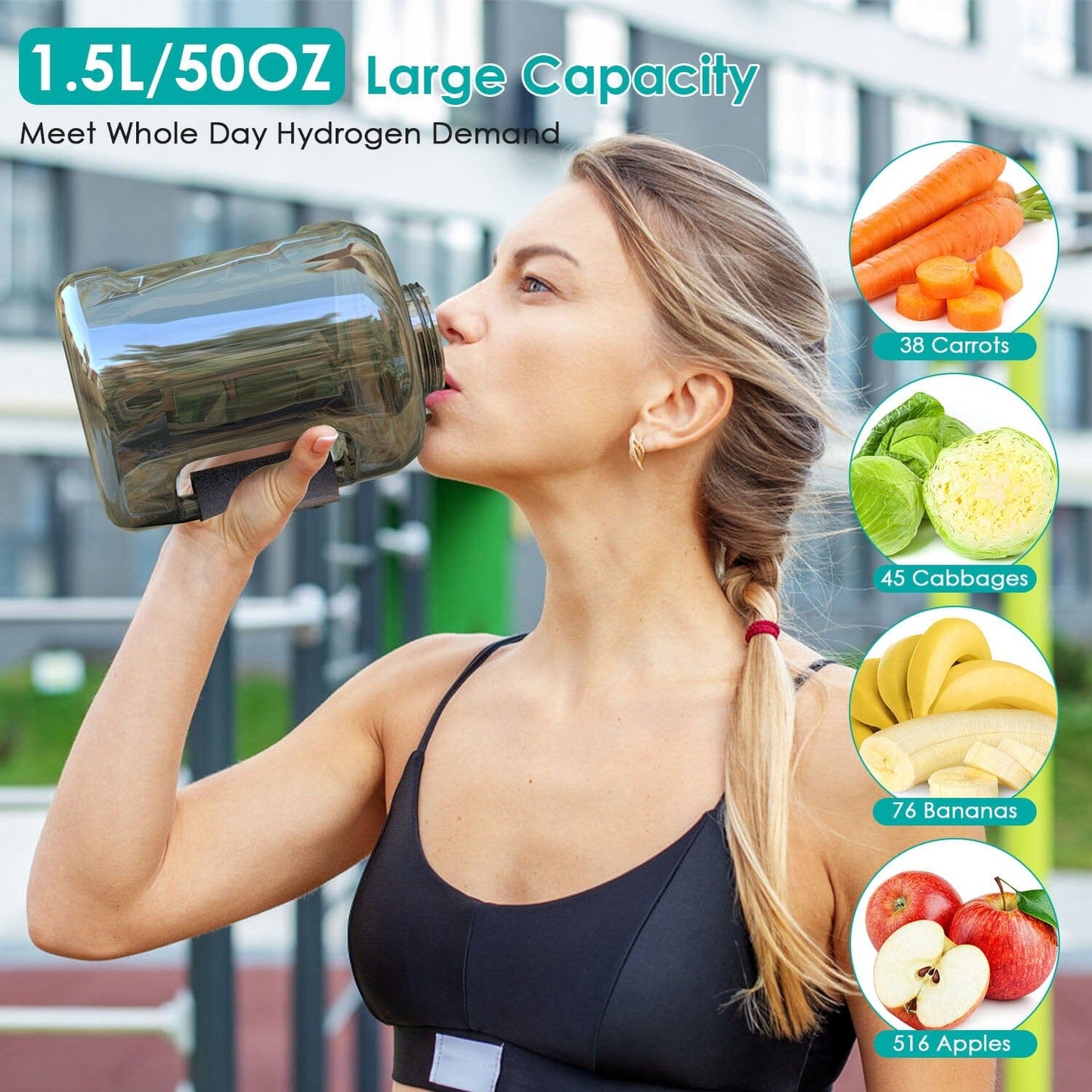 Rynx | 1.5L Large Capacity Portable Rechargeable Hydrogen Water Bottle 6 Min. Quick Electrolysis