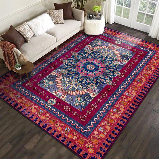 Rynx | Retro Medallion Pattern Rug with floral and leaf red Persian Rug Polyester machine washable non-slip rug for bedroom