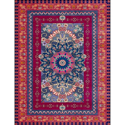 Rynx | Retro Medallion Pattern Rug with floral and leaf red Persian Rug Polyester machine washable non-slip rug for bedroom