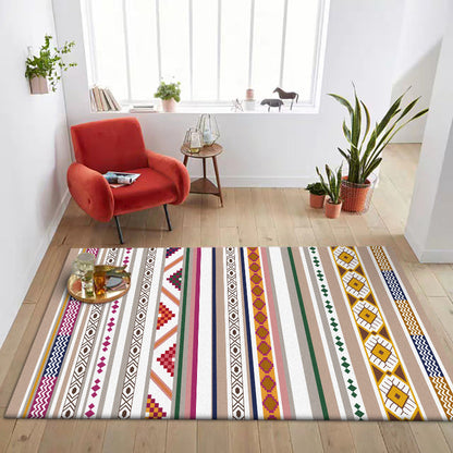 Rynx | White Multicolor Tribal Carpet Polyester Striped Pattern Carpet Washable Non-Slip Back Carpet for Living Room
