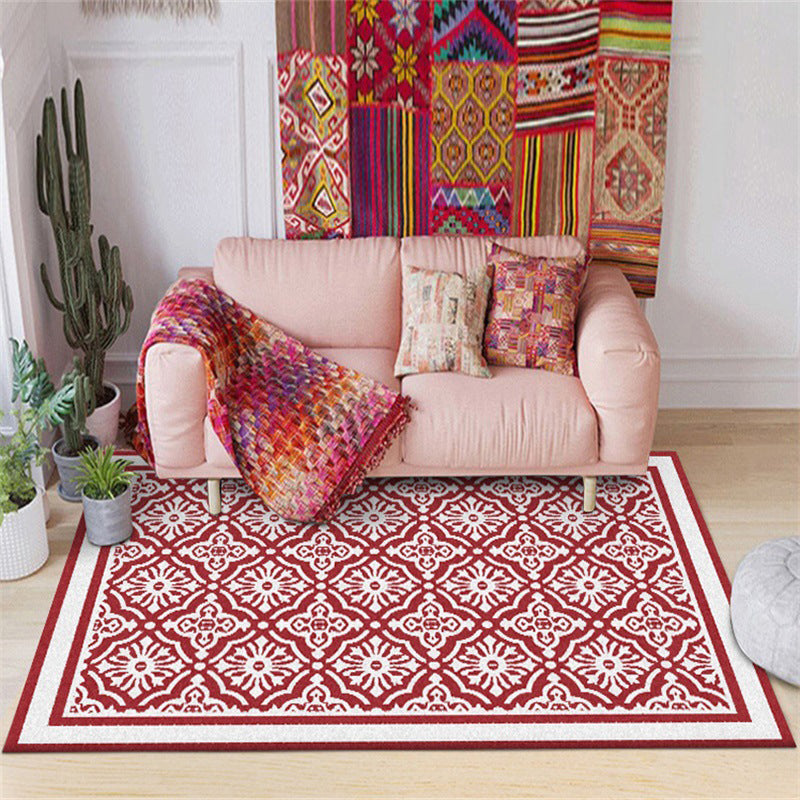 Rynx | Red Persian Rug Polyester Floral Pattern Rug Washable Non-Slip Backing Carpet for Living Room