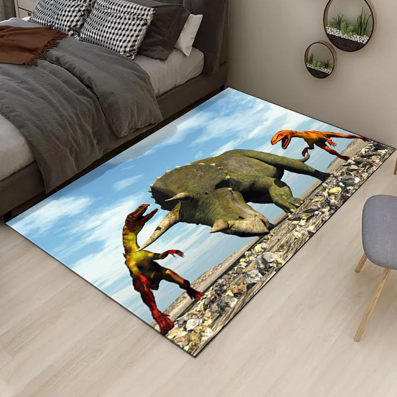 Rynx | Blue Modern Rug Polyester Dinosaur and Rhinoceros Pattern Rug Washable Non-Slip Backing Carpet for Living Room