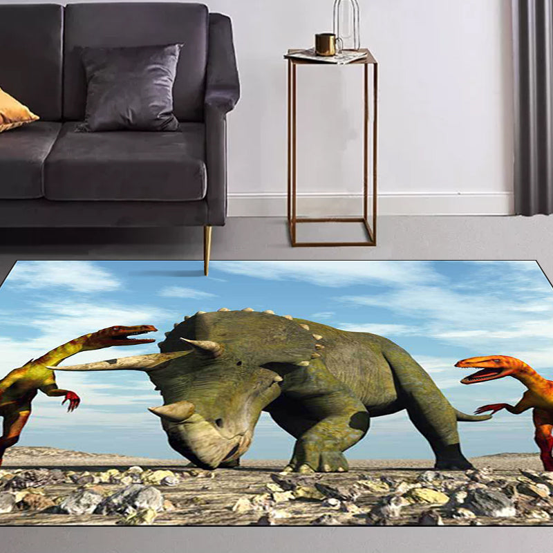 Rynx | Blue Modern Rug Polyester Dinosaur and Rhinoceros Pattern Rug Washable Non-Slip Backing Carpet for Living Room