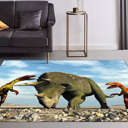 Rynx | Blue Modern Rug Polyester Dinosaur and Rhinoceros Pattern Rug Washable Non-Slip Backing Carpet for Living Room