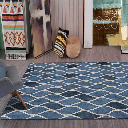 Rynx | Funky Geometric Pattern Rug Blue Nordic Rug Polyester Washable Anti-Slip Backing Area Rug for Bedroom