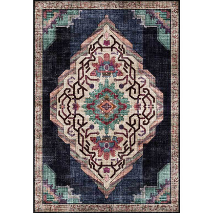 Rynx | Vintage Medallion Pattern Rug Black Polyester Rug Machine Washable Non-Slip Area Rug for Living Room