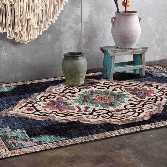 Rynx | Vintage Medallion Pattern Rug Black Polyester Rug Machine Washable Non-Slip Area Rug for Living Room
