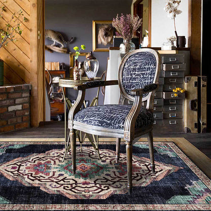 Rynx | Vintage Medallion Pattern Rug Black Polyester Rug Machine Washable Non-Slip Area Rug for Living Room