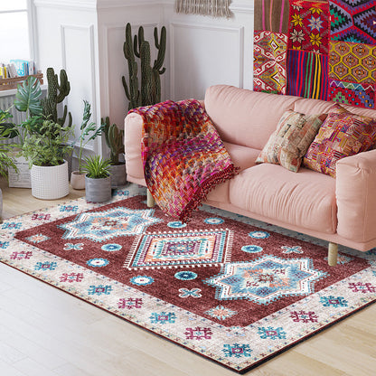 Rynx | Whitewash Medallion Pattern Rug Red Moroccan Rug Polyester Machine Washable Anti-Slip Area Rug for Bedroom