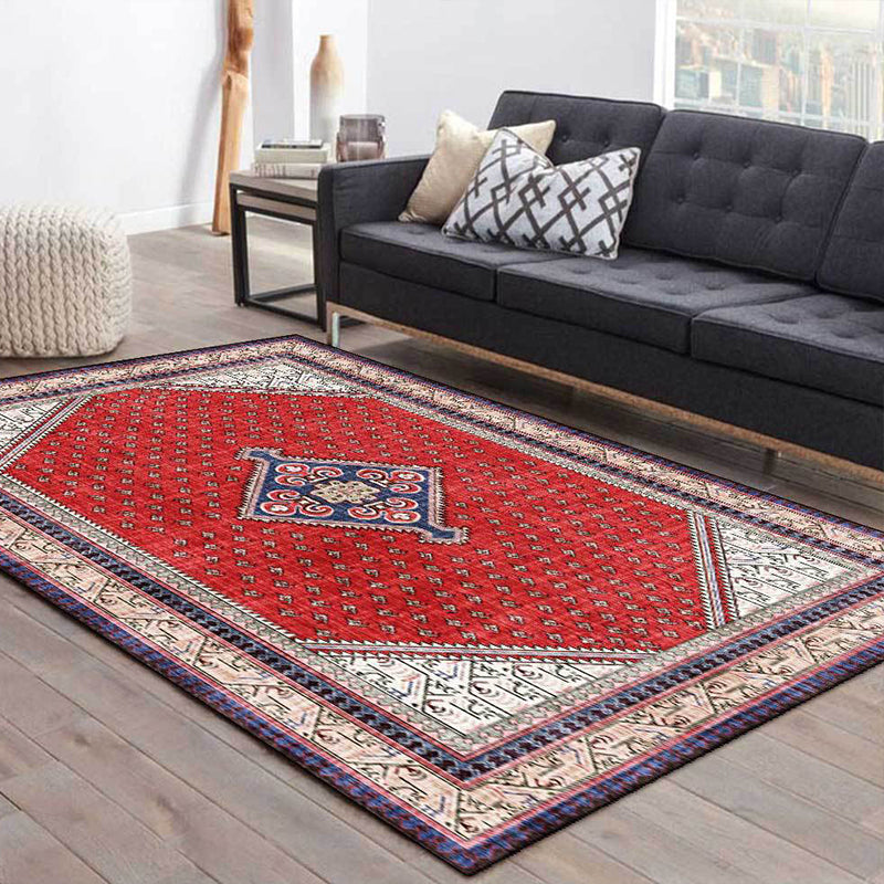 Rynx | Tribal Medallion Pattern Rug Red Mediterranean Rug Polyester Machine Washable Anti-Slip Area Rug for Bedroom