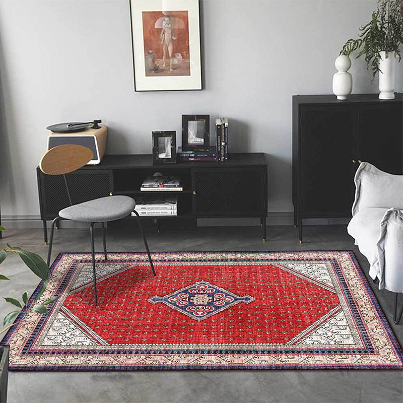 Rynx | Tribal Medallion Pattern Rug Red Mediterranean Rug Polyester Machine Washable Anti-Slip Area Rug for Bedroom