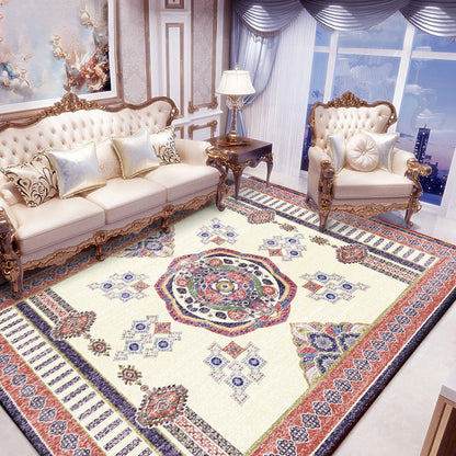 Rynx | Beige and Red Vintage Carpet Polyester Medallion Pattern Carpet Washable Non-Slip Underlay Carpet for Living Room