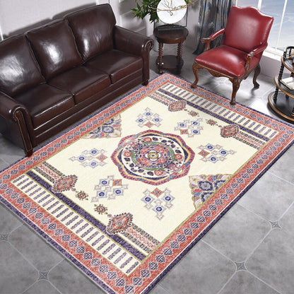 Rynx | Beige and Red Vintage Carpet Polyester Medallion Pattern Carpet Washable Non-Slip Underlay Carpet for Living Room