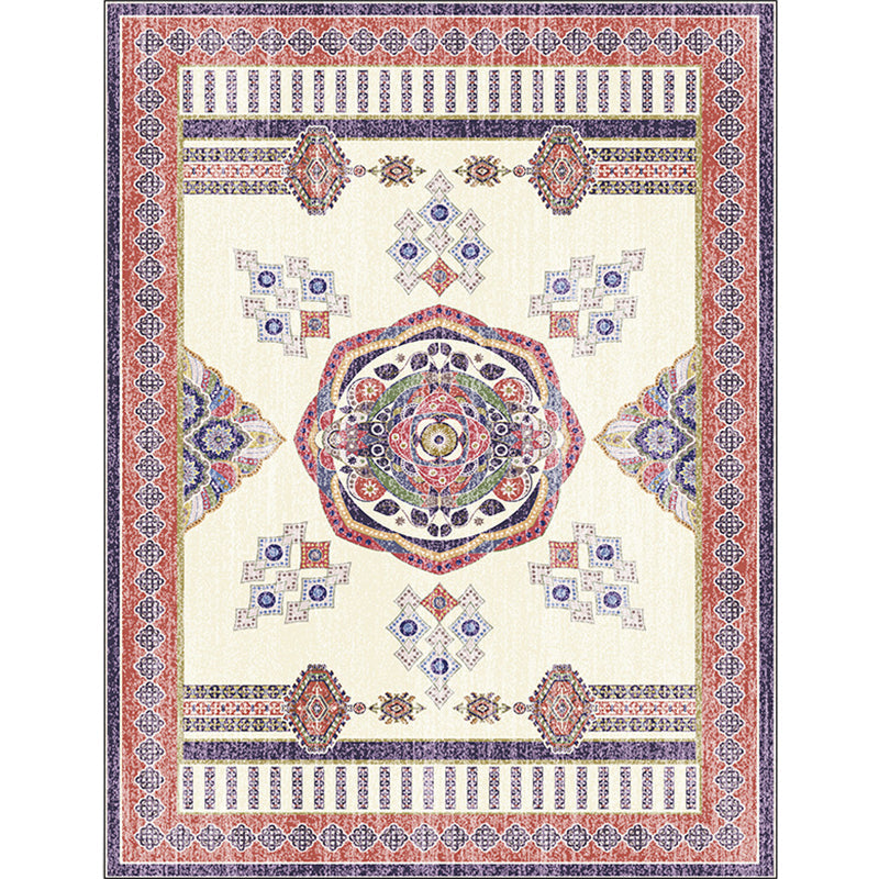 Rynx | Beige and Red Vintage Carpet Polyester Medallion Pattern Carpet Washable Non-Slip Underlay Carpet for Living Room