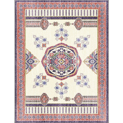 Rynx | Beige and Red Vintage Carpet Polyester Medallion Pattern Carpet Washable Non-Slip Underlay Carpet for Living Room