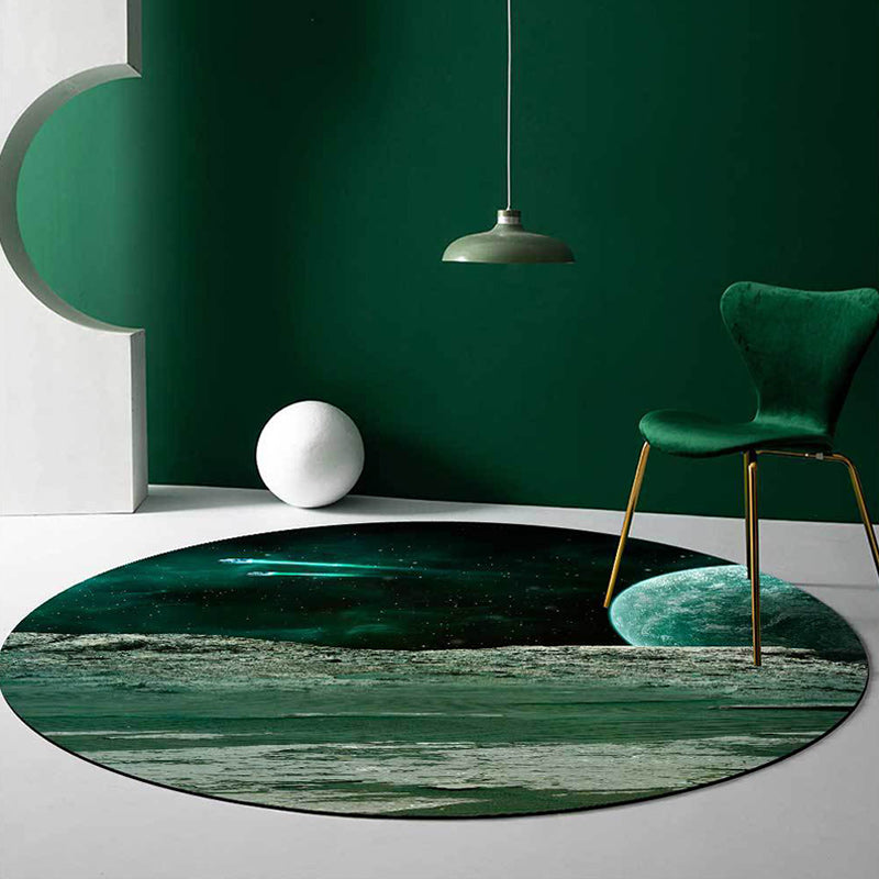 Rynx | Nordic Modern Rug in Green Outer Space Planet Spaceship Pattern Rug Polyester Pet Friendly Carpet for Home Decoration