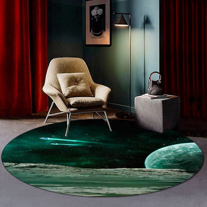 Rynx | Nordic Modern Rug in Green Outer Space Planet Spaceship Pattern Rug Polyester Pet Friendly Carpet for Home Decoration