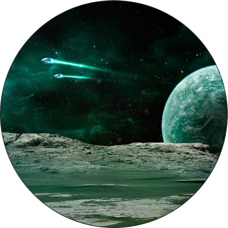 Rynx | Nordic Modern Rug in Green Outer Space Planet Spaceship Pattern Rug Polyester Pet Friendly Carpet for Home Decoration