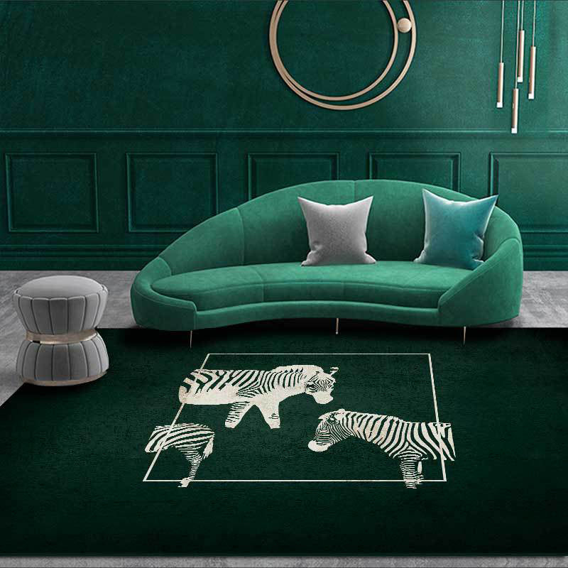 Rynx | Stylish Zebra Pattern Rug Dark Green Nordic Rug Polyester Washable Anti-Slip Backing Area Rug for Living Room