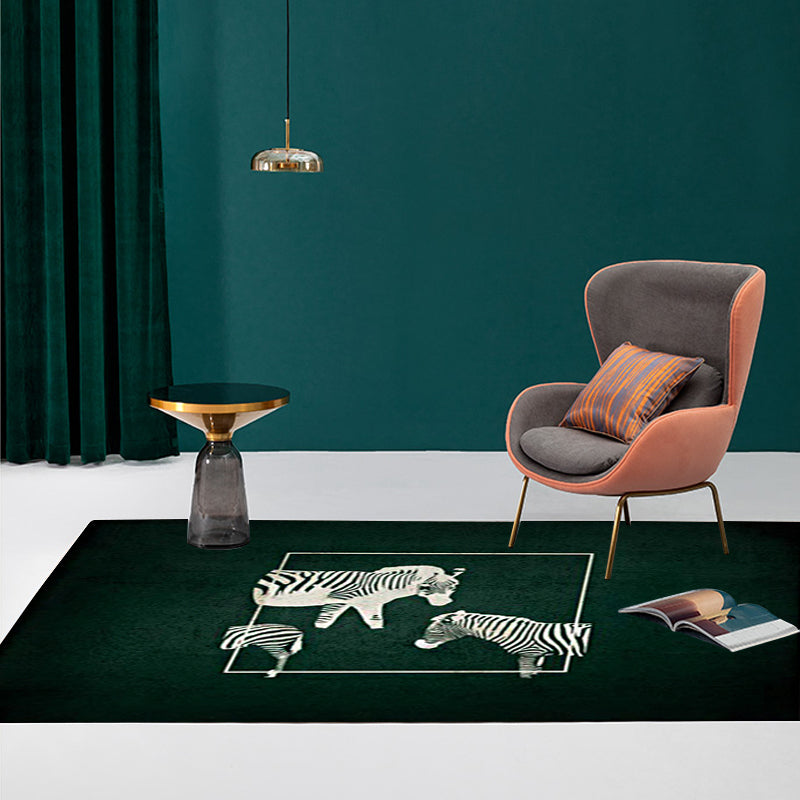 Rynx | Stylish Zebra Pattern Rug Dark Green Nordic Rug Polyester Washable Anti-Slip Backing Area Rug for Living Room