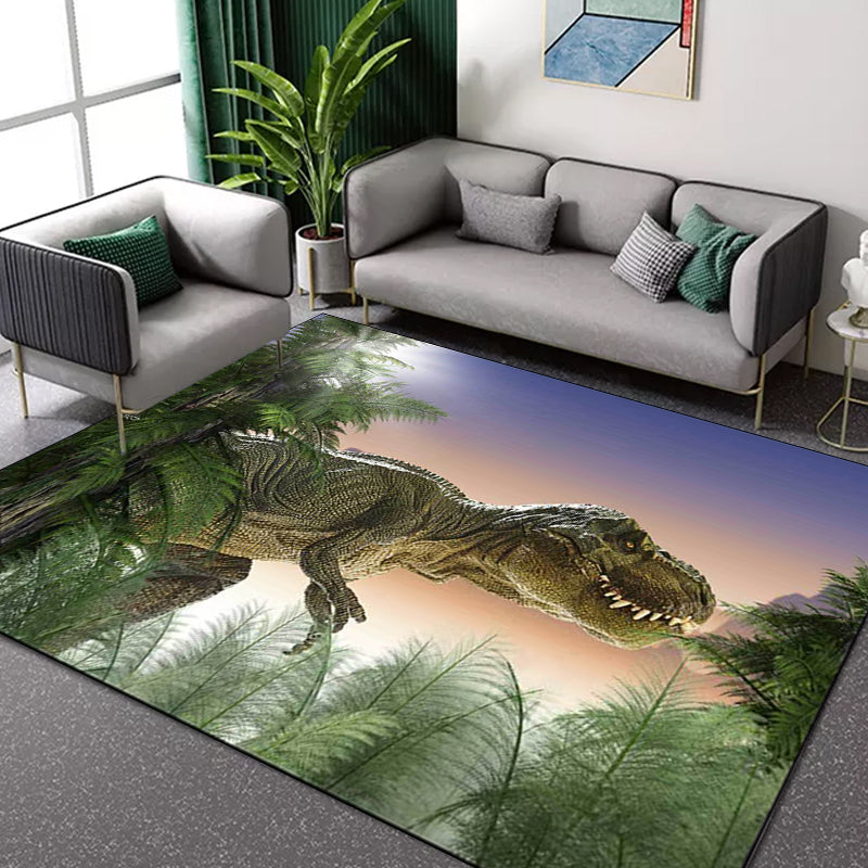 Rynx | Green and Purple Novelty Rug Polyester Dinosaur and Tree Pattern Rug Washable Non-Slip Backing Carpet for Living Room