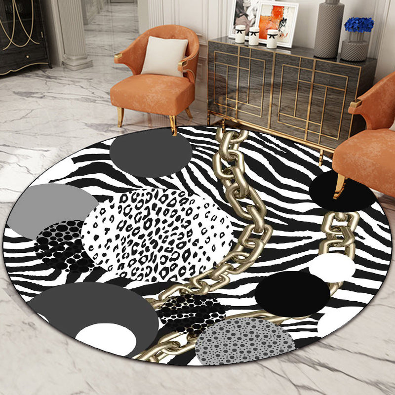 Rynx | Simple Modern Rug in Black and White Zebra Stripe Leopard Chain Circle Pattern Rug Polyester Washable Carpet for Bedroom