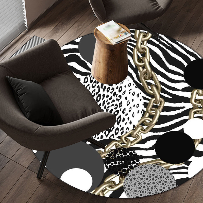 Rynx | Simple Modern Rug in Black and White Zebra Stripe Leopard Chain Circle Pattern Rug Polyester Washable Carpet for Bedroom