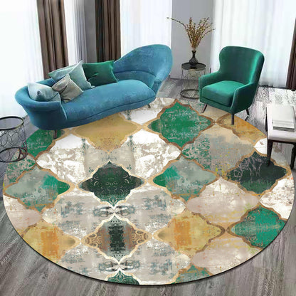 Rynx | Green and Yellow Moroccan Rug Polyester Azulejo Print Rug Washable Non-Slip Backing Carpet for Living Room