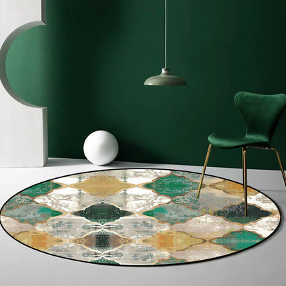 Rynx | Green and Yellow Moroccan Rug Polyester Azulejo Print Rug Washable Non-Slip Backing Carpet for Living Room