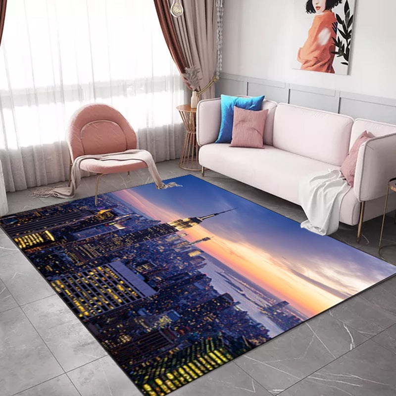 Rynx | Modern Geography Pattern Rug Blue Polyester Rug Machine Washable Non-Slip Area Rug for Bedroom