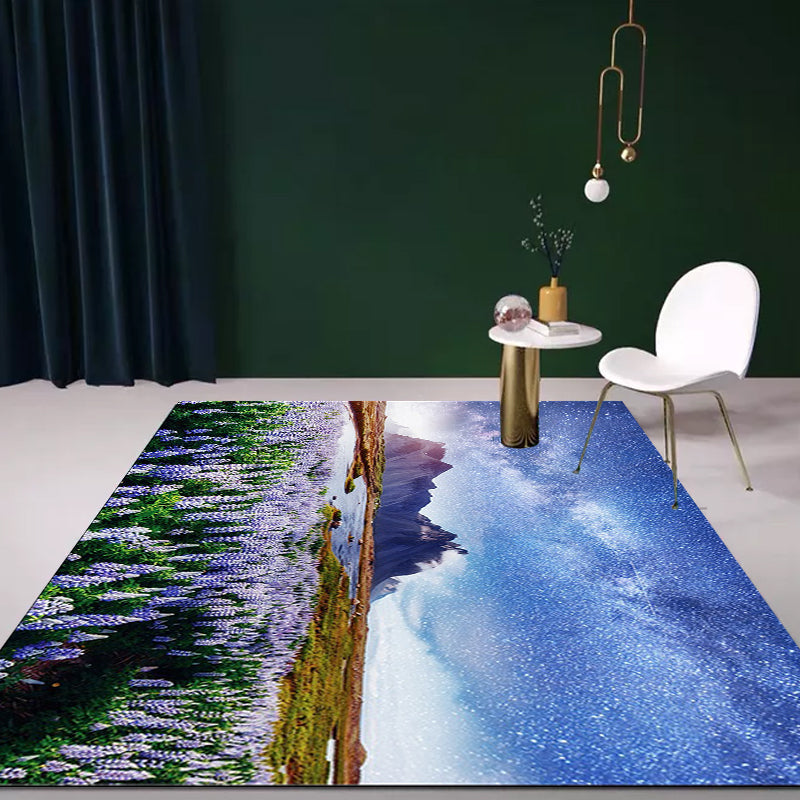 Rynx | Stylish Lavender Pattern Rug with Galaxy Blue Contemporary Rug Polyester Washable Anti-Slip Backing Area Rug for Living Room