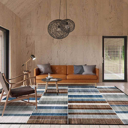 Rynx | Contemporary Striped Pattern Rug Brown and Blue Polyester Rug Machine Washable Non-Slip Area Rug for Bedroom