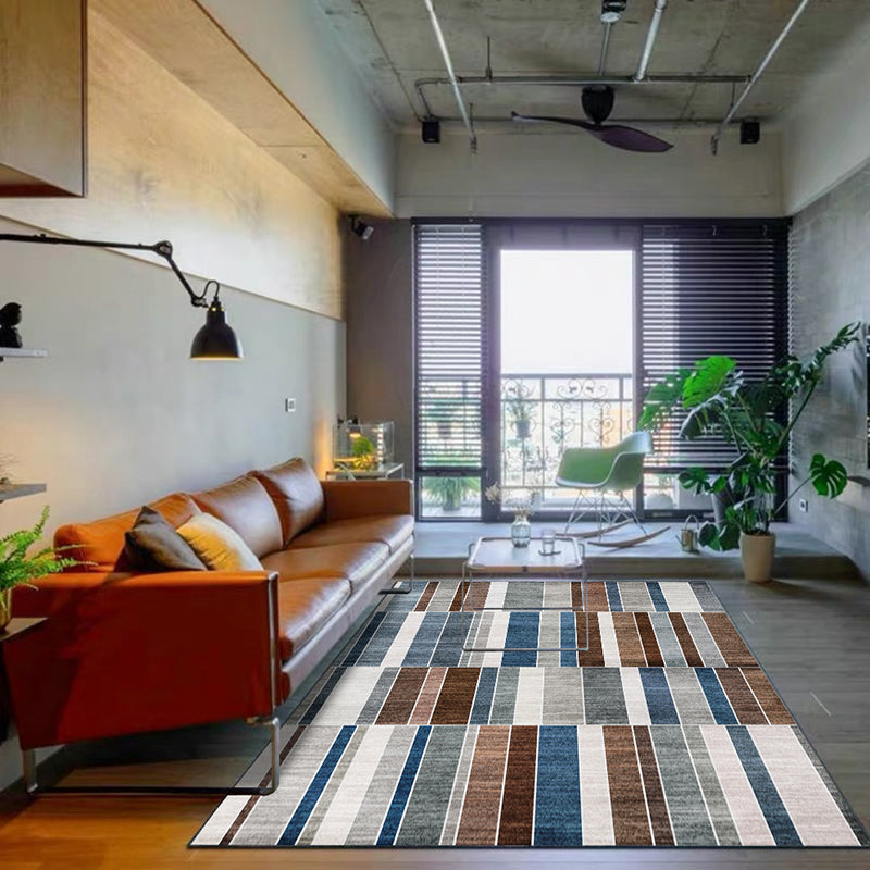 Rynx | Contemporary Striped Pattern Rug Brown and Blue Polyester Rug Machine Washable Non-Slip Area Rug for Bedroom