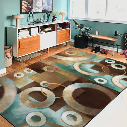 Rynx | Brown and Blue Casual Rug Polyester Geometric Rug Washable Non-Slip Backing Carpet for Living Room