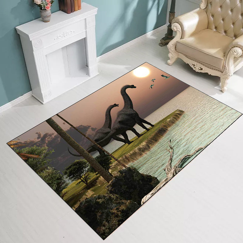 Rynx | Orange and Green Novelty Rug Polyester Dinosaur and Lake Pattern Rug Washable Non-Slip Backing Carpet for Living Room