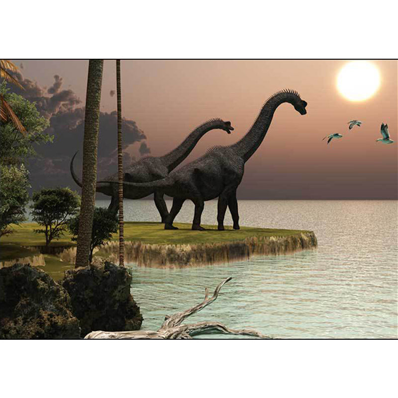 Rynx | Orange and Green Novelty Rug Polyester Dinosaur and Lake Pattern Rug Washable Non-Slip Backing Carpet for Living Room