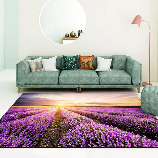 Rynx | Novelty Lavender Pattern Rug Purple Polyester Rug Machine Washable Non-Slip Area Rug for Bedroom