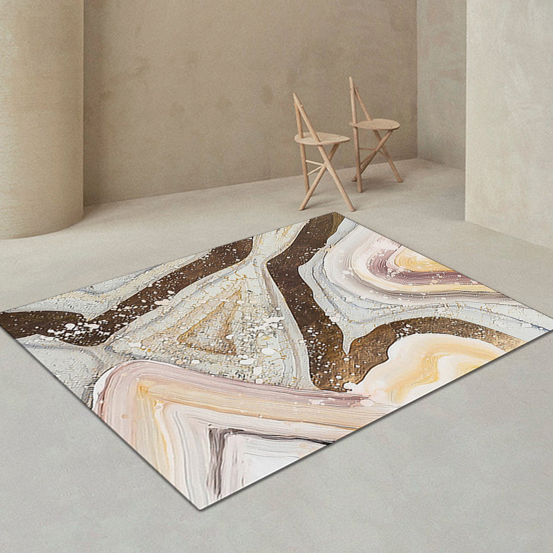 Rynx | Ivory and Brown Bedroom Rug Modern Abstract Stone Grain Pattern Area Rug Polyester Pet Friendly Washable Carpet