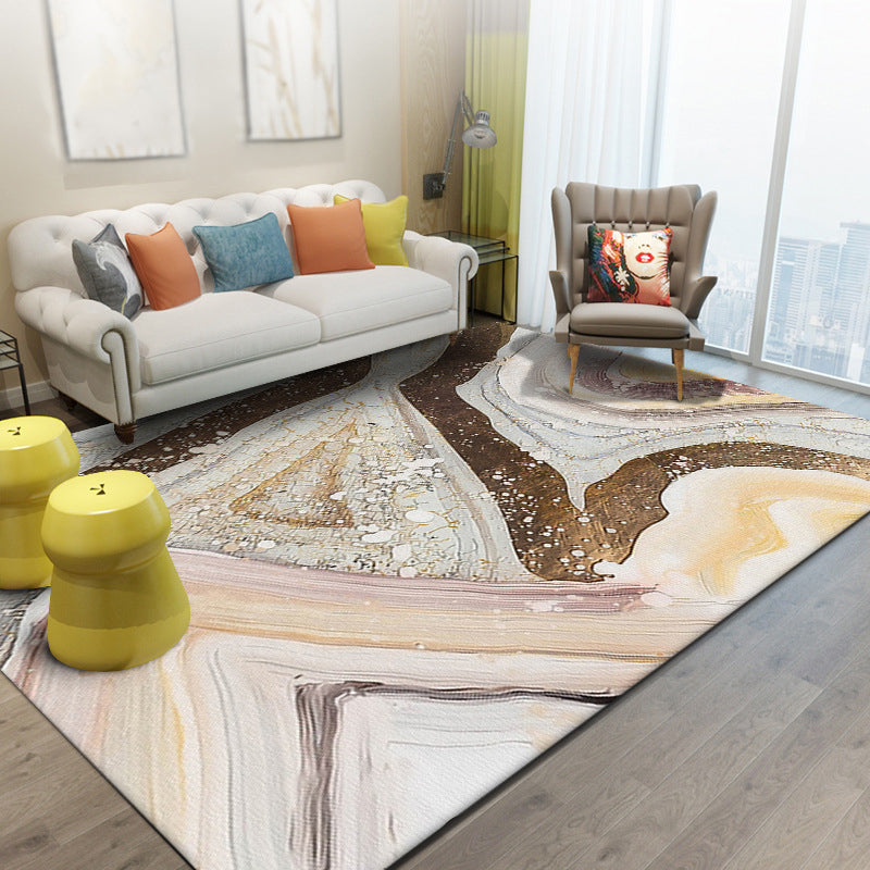 Rynx | Ivory and Brown Bedroom Rug Modern Abstract Stone Grain Pattern Area Rug Polyester Pet Friendly Washable Carpet