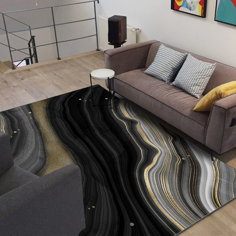 Rynx | Novelty Modern Rug in Black and Gold Abstract Stone Grain Pattern Rug Polyester Washable Carpet for Home Decoration