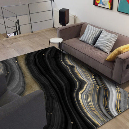 Rynx | Novelty Modern Rug in Black and Gold Abstract Stone Grain Pattern Rug Polyester Washable Carpet for Home Decoration