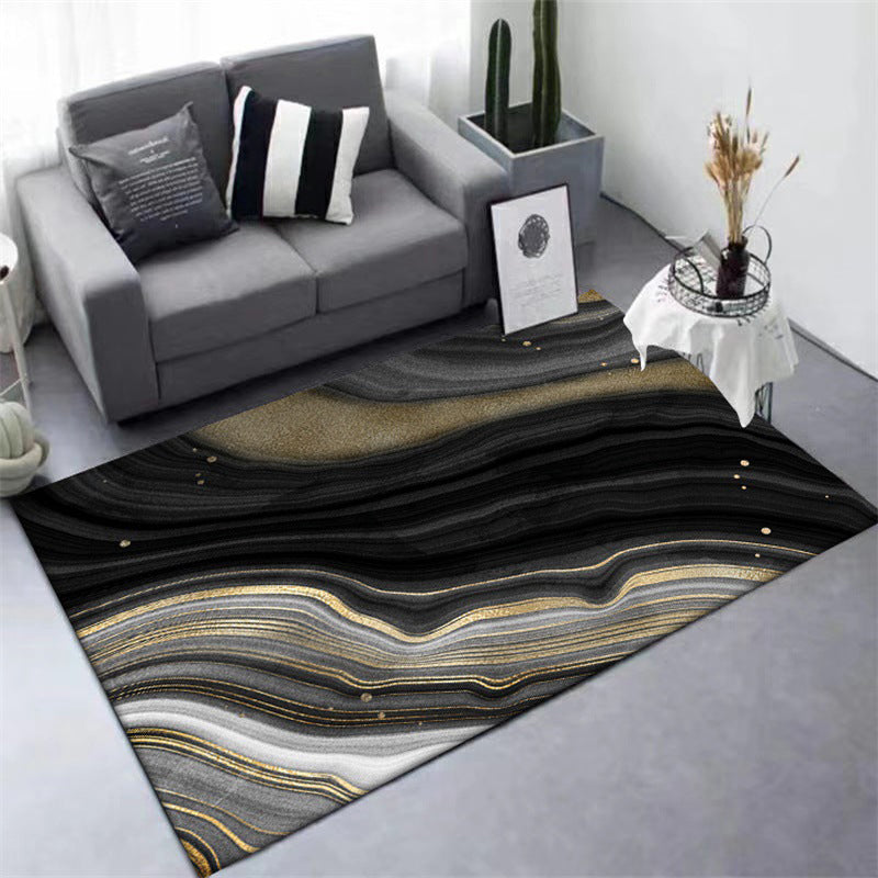 Rynx | Novelty Modern Rug in Black and Gold Abstract Stone Grain Pattern Rug Polyester Washable Carpet for Home Decoration