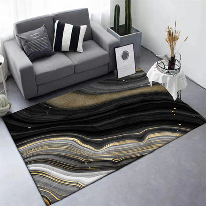Rynx | Novelty Modern Rug in Black and Gold Abstract Stone Grain Pattern Rug Polyester Washable Carpet for Home Decoration