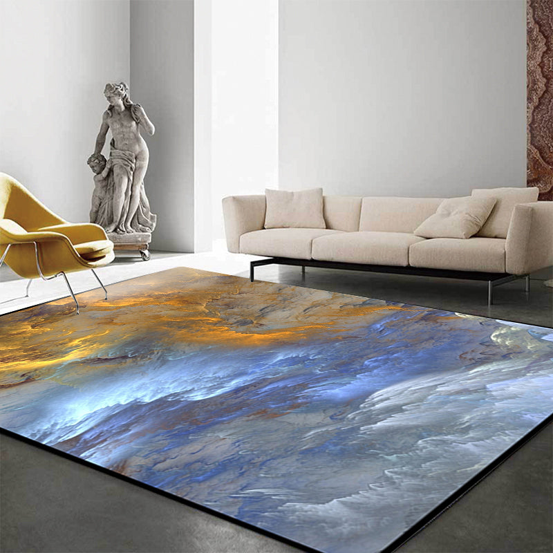 Rynx | Modern Living Room Rug in Blue and Yellow Abstract Cloud Print Rug Polyester Stain-Resistant Washable Area Rug