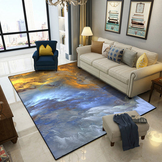 Rynx | Modern Living Room Rug in Blue and Yellow Abstract Cloud Print Rug Polyester Stain-Resistant Washable Area Rug