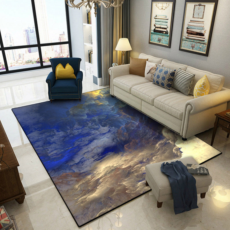 Rynx | Modern Living Room Rug in Blue and Yellow Abstract Cloud Print Rug Polyester Stain-Resistant Washable Area Rug
