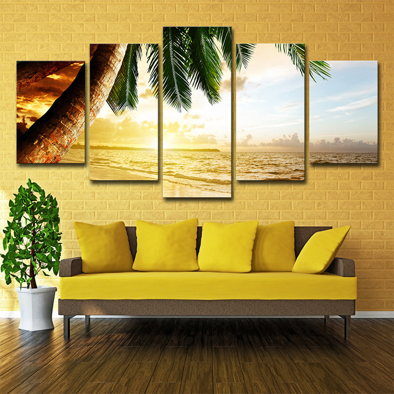 Rynx | Beach Palm Tree Canvas Art Tropix Beautiful Sunset over the Sea Scene Wall Decoration in Gold